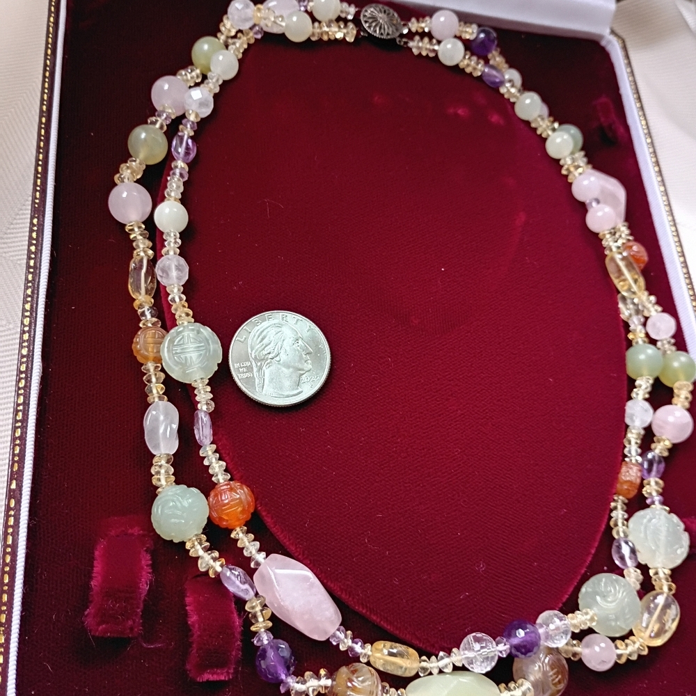 Celadon Jade Multi Gemstone Asian Vintage Necklace Spring Colors Double Strand - Picture 6 of 9